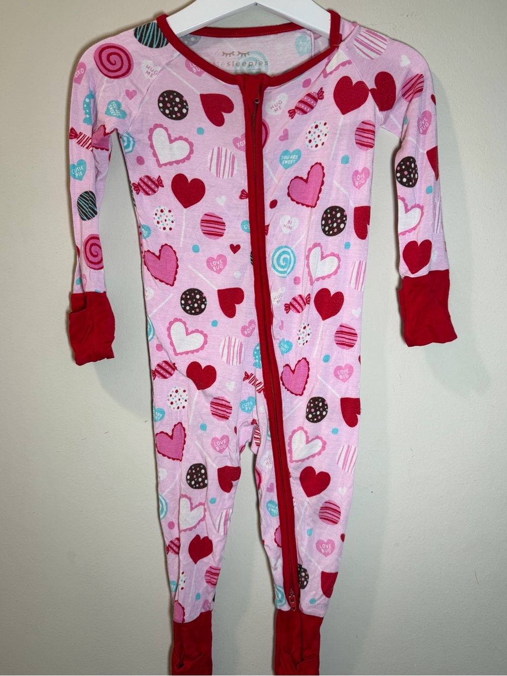 Little Sleepies Pink Heart & Candy Print Footed One-Piece with Red Trim